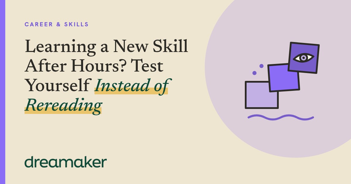 Dreamaker header for Career & Skills: three stacked violet squares line drawing beside the post title