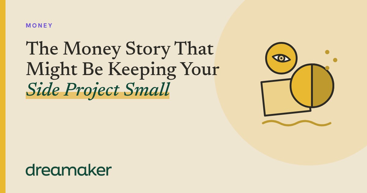 Dreamaker header for Money: a stack of golden coin line drawings beside the post title