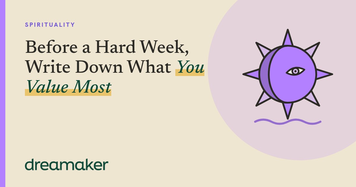 Dreamaker header for Spirituality: a purple sun line drawing beside the post title