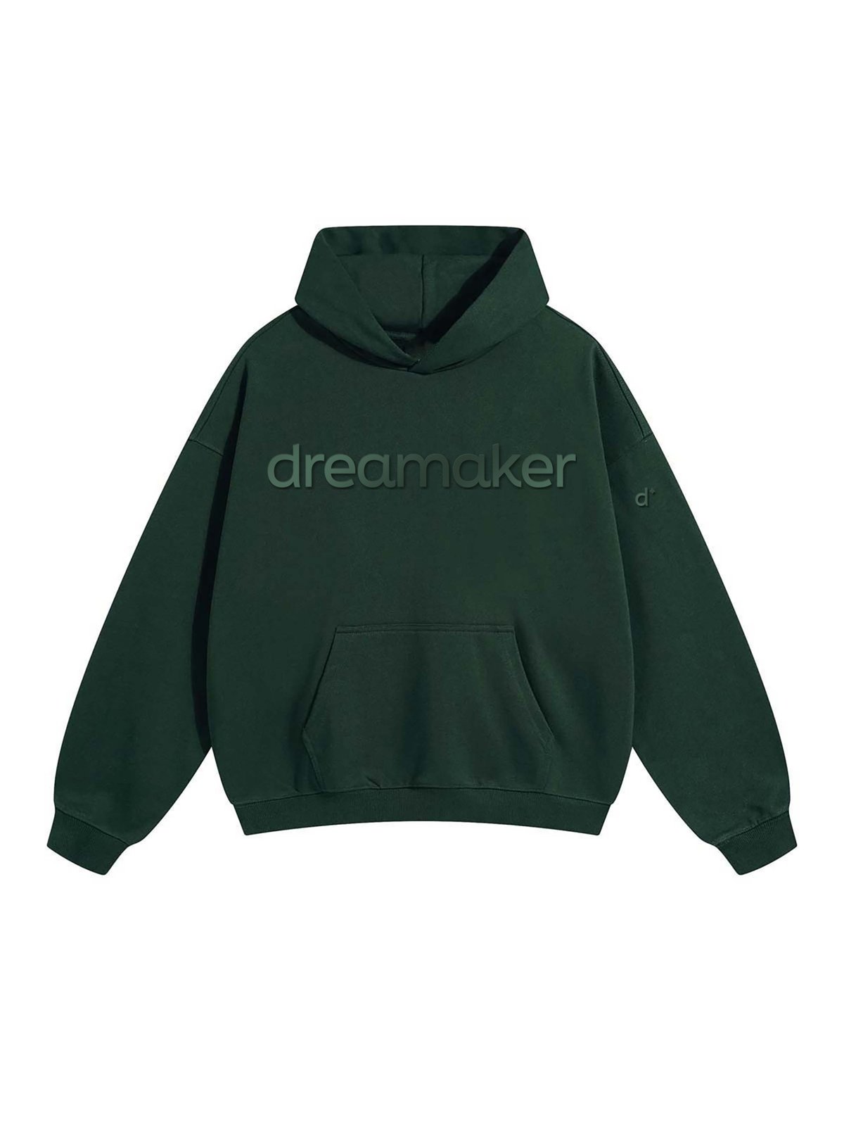 Dreamaker Cloud Hoodie in Blackish Green, front, satin green monochrome d+ embroidery