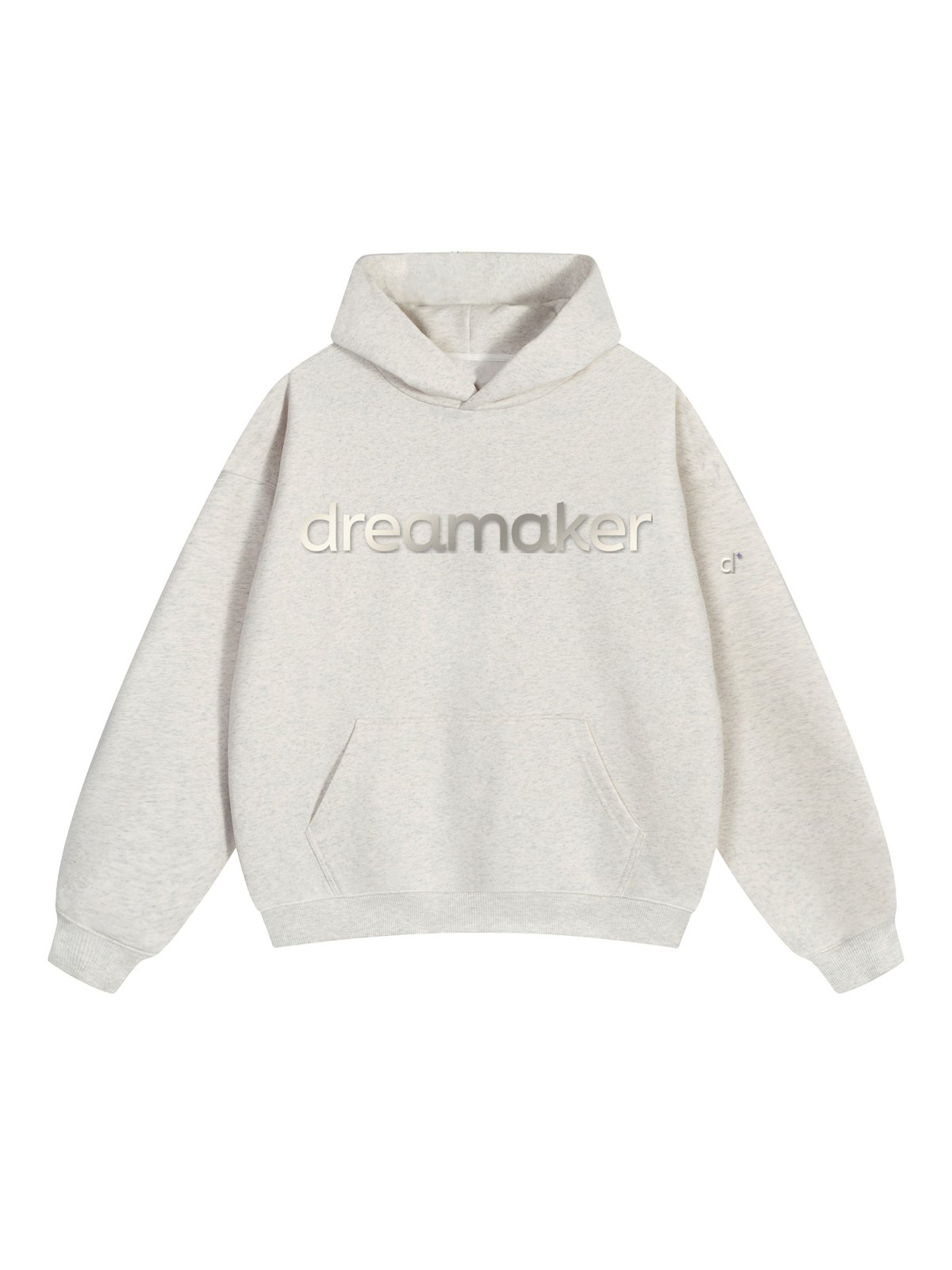 Dreamaker Cloud Hoodie in Oat Gray, front, satin cream d embroidery with lavender sparkle on lower left chest